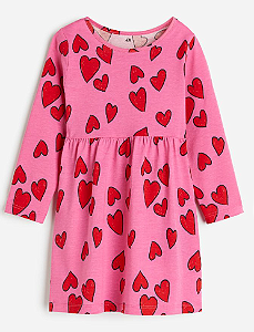 Vestido Infantil Manga Longa com Estampa de Corações, H&M