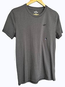 Camiseta Masculina, Cinza Escuro com Logo, Hollister