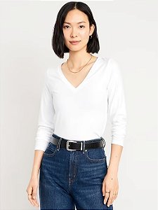 Blusa Manga Longa Feminina, Gola V, Branca, Old Navy