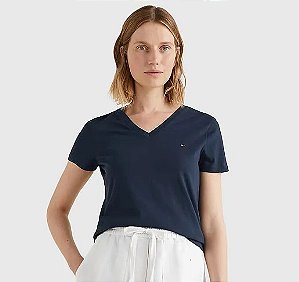 Camiseta Feminina com Decote V, Azul Marinho com Logo, Tommy Hilfiger