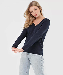 Blusa Feminina Manga Longa com Decote V, Azul Marinho com Logo, Tommy Hilfiger