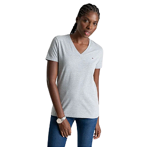 Camiseta Feminina com Decote V, Cinza Mescla com Logo, Tommy Hilfiger