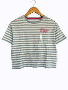 Camiseta Feminina Cropped Listrada, Azul Claro com Rosa, Tommy Hilfiger