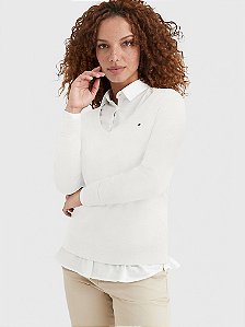 Suéter Feminino Tricot com Decote V, Branco, Tommy Hilfiger