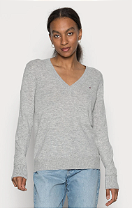 Suéter Feminino Tricot com Decote V, Cinza, Tommy Hilfiger