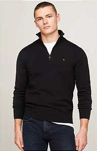 Suéter Masculino Tricot com Zíper no Gola Alta, Preto, Tommy Hilfiger