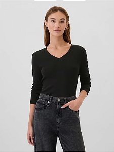 Blusa Manga Longa Feminina, Gola V, Preta, GAP
