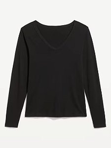 Blusa Manga Longa Feminina, Gola V, Preta, Old Navy