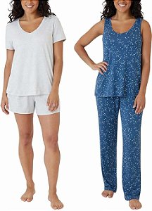 Conjunto de Pijama Feminino 4 Peças, Azul com Estampa e Cinza Liso, Eddie Bauer