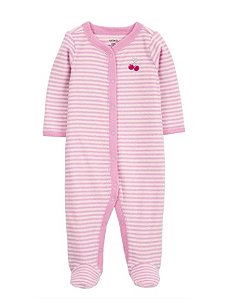 Macacão de Bebê com Botões, Listrado Rosa com Bordado de Cerejinhas, Carter’s