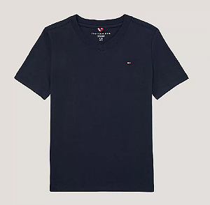 Camiseta Infantil, Azul Marinho com Gola V e Logo Bordado, Tommy Hilfiger