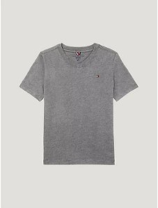Camiseta Infantil, Cinza Mescla com Gola V e Logo Bordado, Tommy Hilfiger