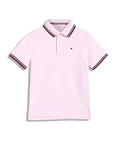 Camiseta Polo Infantil, Rosa Claro com Detalhes Listrados, Tommy Hilfiger