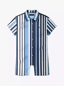 Macacão curto de bebê, Listrado Azul e Branco com Gola Polo, Tommy Hilfiger