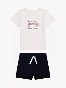 Conjunto infantil, Camiseta  OffWhite com Shorts Azul Marinho, Tommy Hilfiger