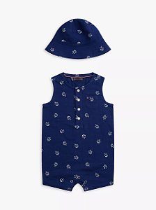 Macacão curto de bebê, Azul Marinho com Estampa de Âncoras + Chapéu, Tommy Hilfiger