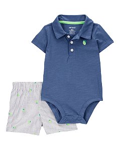 Conjunto infantil, Body Polo Azul com Shorts Listrado, Carter's