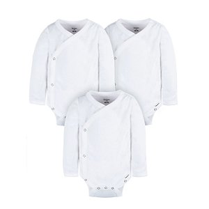 Kit com 3 Bodys de Bebê, Transpassado Manga Longa, Branco, Gerber
