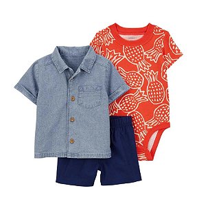 Conjunto de Bebê 3 Peças com Camisa Jeans, Body Estampado e Short Azul, Carter’s
