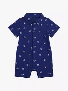 Macacão Curto de Bebê, Azul Marinho Estampa Âncoras com Gola Polo, Tommy Hilfiger