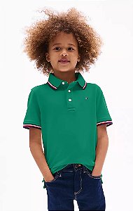Camiseta Polo Infantil, Verde com Detalhe Tricolor, Tommy Hilfiger