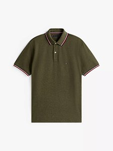 Camiseta Polo Masculina, Verde Musgo com Detalhe Tricolor, Tommy Hilfiger
