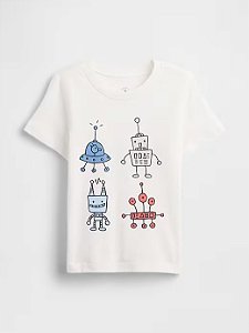 Camiseta Bebê, Branca com Estampa de Robôs, GAP