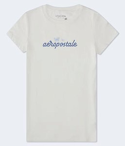 Camiseta Feminina, Branca com Logo e Borboletas Azul, Aéropostale