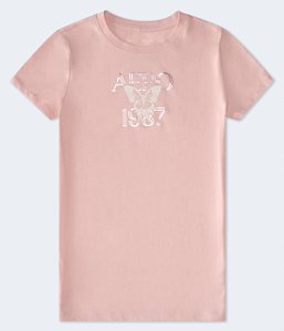 Camiseta Feminina, Rosa Goiaba, AERO 1987 e Borboleta, Aéropostale