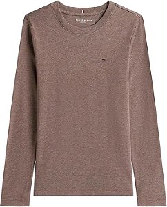 Camiseta Feminina Manga Longa, Marrom Urze com Logo, Tommy Hilfiger