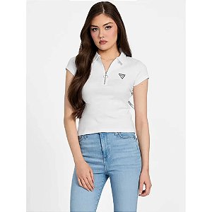 Camiseta Polo Feminina, Branca com Zíper e Logo, Guess