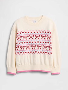 Suéter Infantil Creme, Estampa de Laços e Corações, GAP
