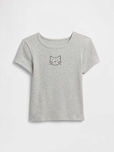 Camiseta Infantil Canelada Manga Curta, Cinza, Gatinho Bordado, Gap