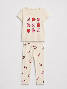Conjunto Infantil Camiseta e Calça Legging, Creme Estampa de Joaninha, Gap