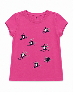 Camiseta Infantil Manga Curta, Rosa Estampa Pinguins, Gap