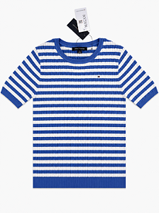 Suéter Feminino Tricot Manga Curta, Listras Azul e Branco, Tommy Hilfiger