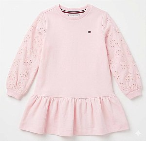 Vestido Infantil Moletinho com Manga em Laise, Rosa, Tommy Hilfiger