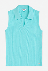Blusa Regata Feminina Canelada, Gola Polo, Verde Água, Calvin Klein