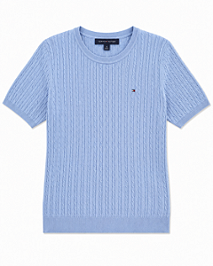 Suéter Feminino Tricot Trançado Manga Curta, Azul Claro, Tommy Hilfiger