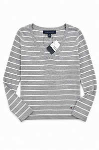 Suéter Feminino Algodão, Gola V, Cinza Listras, Tommy Hilfiger