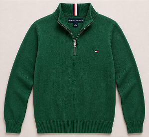 Suéter Masculino Meio Zíper, Gola Alta, Verde, Tommy Hilfiger