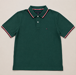 Camiseta Polo Masculina, Verde Escuro com Detalhe Tricolor, Tomm y Hilfiger