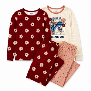 Pijama Infantil 4 Peças, Floral Vermelho e Rosa, Carter's