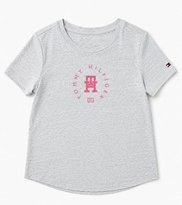 Camiseta Infantil, Cinza Mescla com Logo Rosa, Tommy Hilfiger