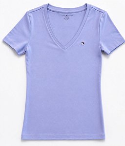 Camiseta Feminina com Decote V, Lilás com Logo, Tommy Hilfiger