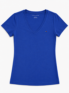 Camiseta Feminina com Decote V, Azul Royal com Logo, Tommy Hilfiger