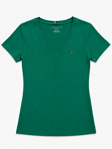 Camiseta Feminina com Decote V, Verde Esmeralda com Logo, Tommy Hilfiger