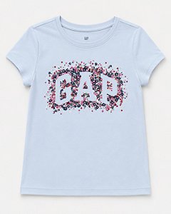Camiseta Infantil Manga Curta, Azul Claro com Logo Floral, Gap