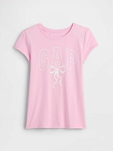 Camiseta Infantil Manga Curta, Rosa Claro Logo com Laço, Gap