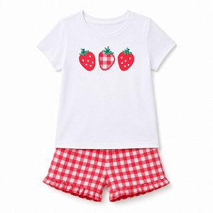 Conjunto Infantil Camiseta e Short, Estampa de Xadrez com Morango, Wonder Nation